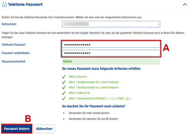 Eingabefeld für "Telefonie-Passwort" & "Passwort wiederholen" (A) & Schaltfläche "Passwort ändern" (B) sind mit rotem Rand hervorgehoben.