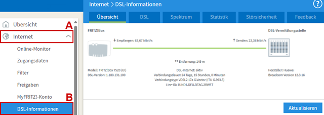 Menüpunkte Internet und 'DSL-Informationen hervorgehoben