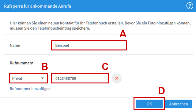 Die Felder Name, Rufnummern und OK sind hervorgehoben