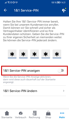 1&1 Control-Center-App: Service-PIN anzeigen