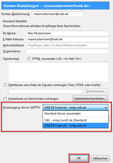 Wahl des Postausgangsservers in den Konten-Einstellungen