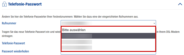 Ausgeklappte Einstellungen für das Telefonie-Passwort, Auswahlfeld für Rufnummern hervorgehoben