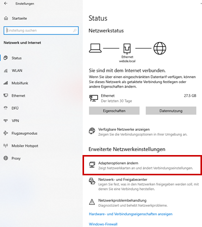 Ansicht Erweiterte Netzwerkeinstellungen: Adapteroptionen ändern hervorgehoben