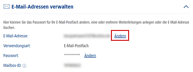 Menü zum Bearbeiten einer E-Mail-Adresse, Link zum Ändern der Adresse hervorgehoben