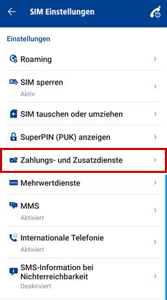 Menüpunkt SIM-Einstellungen hervorgehoben