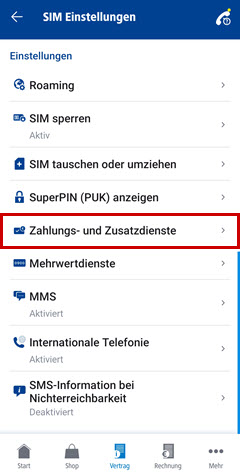 Menüpunkt SIM-Einstellungen hervorgehoben