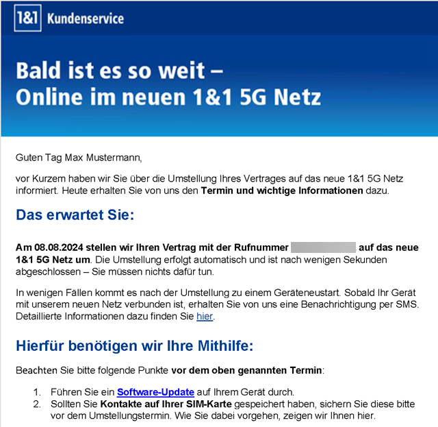 E-Mail mit Netzumstellungstermin, ohne SIM-Kartentausch