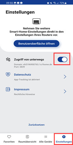 Schieberegler zur Aktivierung von "Zugriff von unterwegs" farblich hervorgehoben.