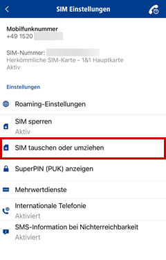 SIM Einstellungen mit Rahmen um SIM tauschen oder umziehen.