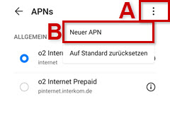 Zugangspunktnamen über Menü, neuer APN Icon hervorgehoben