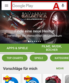 Google Play Store, Suchleiste oben ist mit rotem Rand und rotem A hervorgehoben.