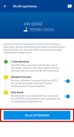 Menü "WLAN optimieren, Button WLAN optimieren hervorgehoben