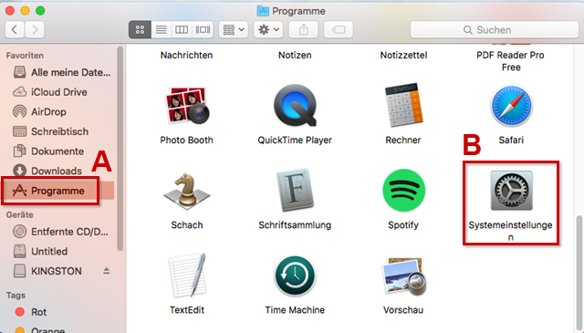 Finder mit Rahmen um Programme und Sytemeinstellungen