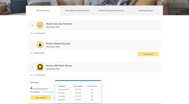 Produktübersicht der Norton-Lizenzen