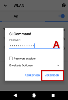 Eingabefeld für WLAN-Passwort ist mit rotem A-, Verbinden-Button ist mit rotem Rand hervorgehoben.