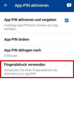 Control-Center-App: Fingerabdruck verwenden markiert