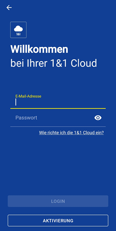 1&1 Cloud-App, Login Bildschirm