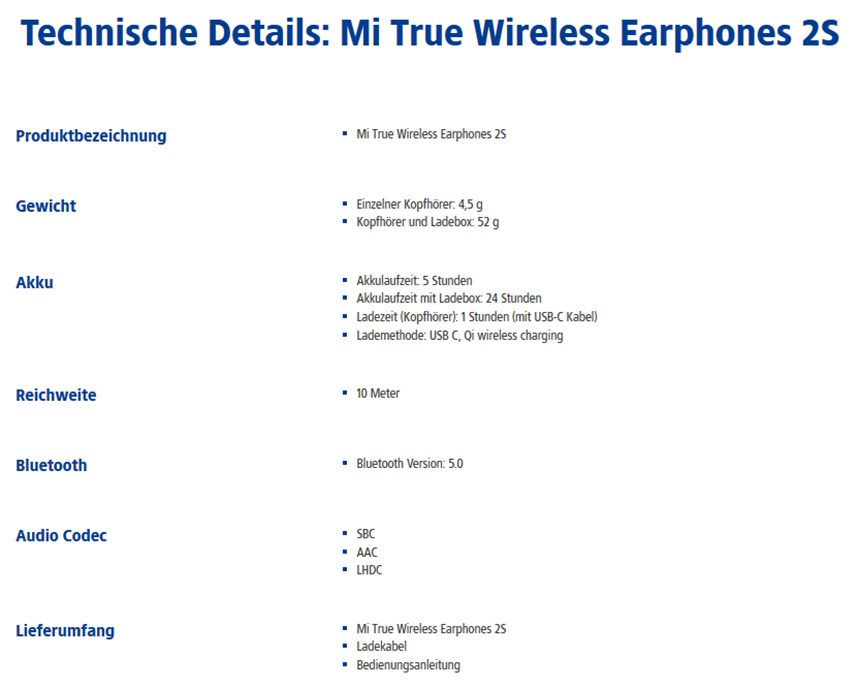 Xiaomi Mi True Wireless Earphones 2S Technische Details