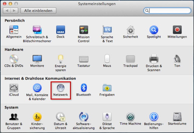 Systemeinstellungen: Netzwerk hervorgehoben