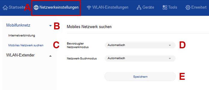 Netzwerkeinstellungen mit der Einstellung für den bevorzugten Netzmodus.