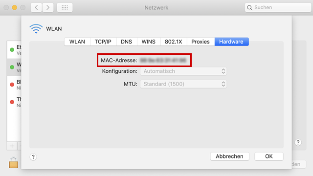 MAC-Adresse im Hardware-Register der WLAN-Optionen