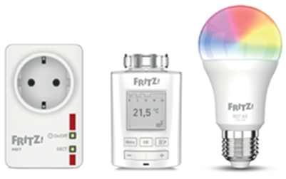 Smarthome-Geräte von FRITZ, Steckdose, Thermostat. Lampe