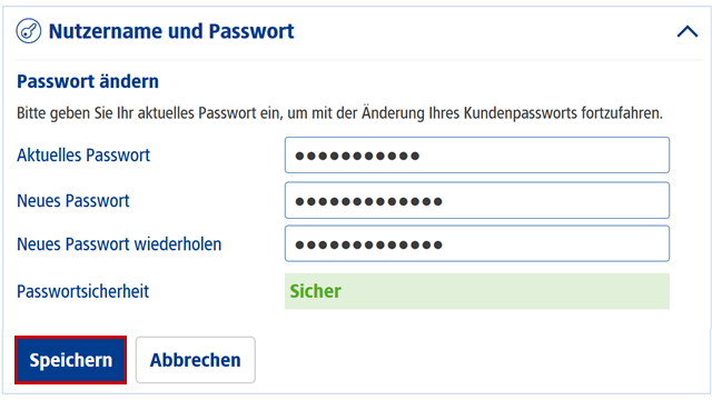 Ausklappmenü für Nutzername und Passwort, Speichern-Button hervorgehoben