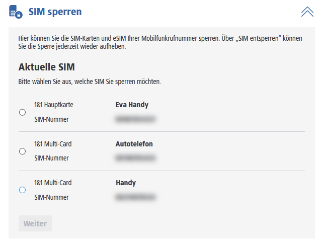 Übersicht über Hauptkarte und alle Nebenkarten unter dem Punkt SIM sperren 