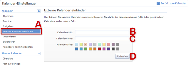 Externe Kalender einbinden ist hervorgehoben 