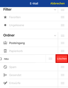 Ordnerverwaltung der 1&1 Mail-App