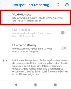 Einstellungen für Hotspot und Tethering in Android