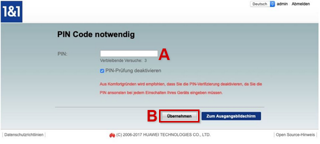 PIN Code eingeben und übernehmen klicken