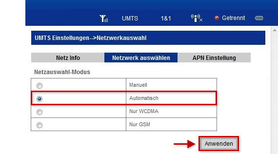 Netzwerk auswählen, Automatisch angewählt und hervorgehoben