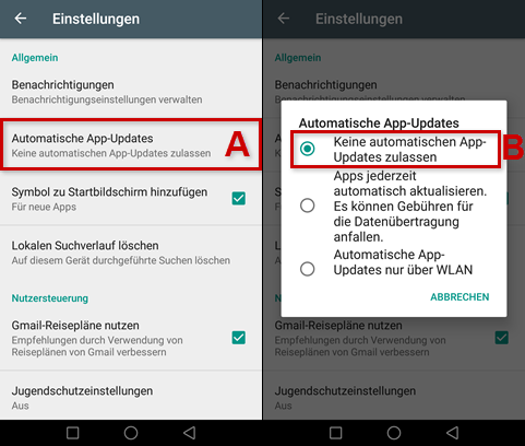Automatische App-Updates (A) > nicht zulassen (B) hervorgehoben