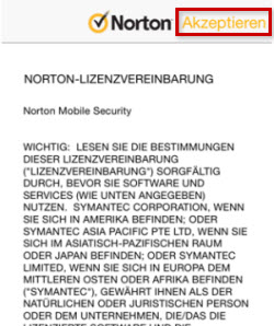Norton-Lizenzvereinbarung, Akzeptieren ist hervorgehoben