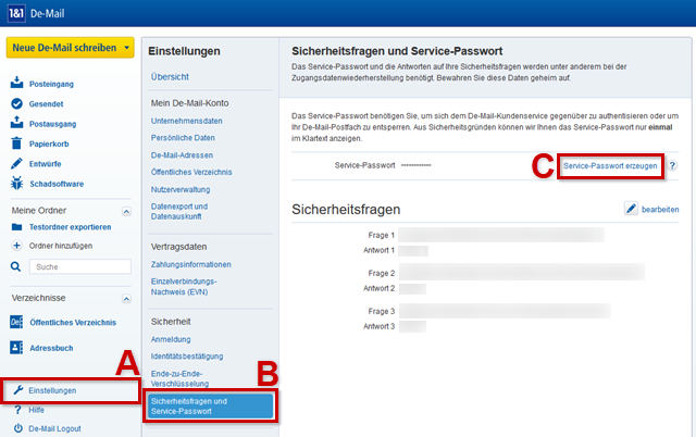 Einstellungen (A), Sicherheitsfragen und Servicepasswort (B) sowie Service-Passwort erzeugen (C) mit Icon hervorgehoben