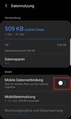 Datennutzung, Mobile Datenverbindung-Icon hervorgehoben