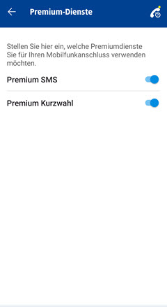 Abbildung Premium-Dienste: Hier werden Premium SMS und Premium Kurzwahl aktiviert oder deaktiviert