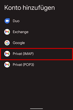 E-Mail-Konto hinzufügen: Privat (IMAP) hervorgehoben
