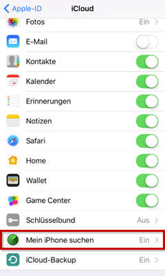 iCloud: Mein iPhone suchen hervorgehoben
