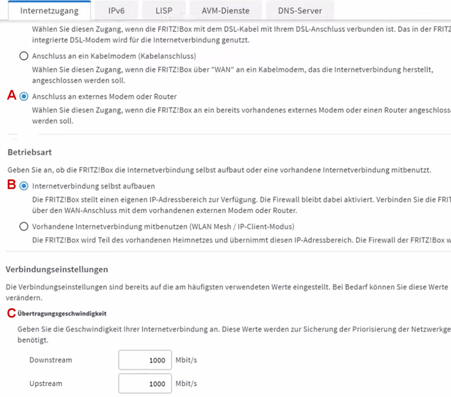 Verbindungeinstellungen am Router für Glasfaseranschluss