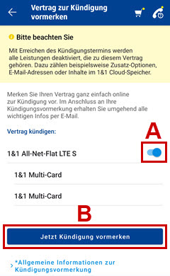 1&1 Control-Center-App: Vormerkung bestätigen hervorgehoben