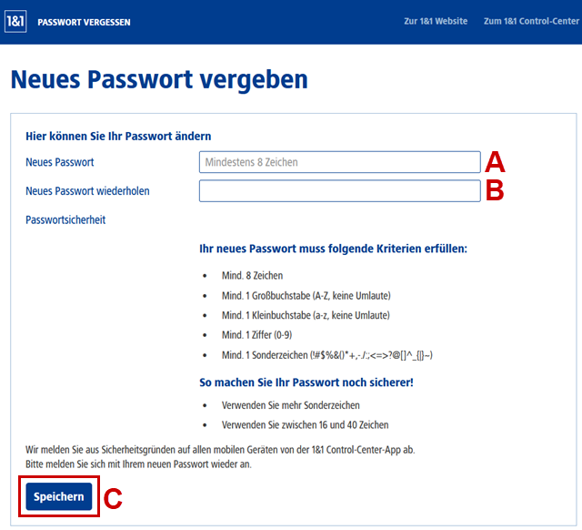 Neues Passwort eingeben, wiederholen und speichern