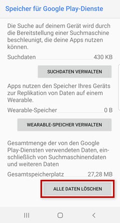 Smartphone (Android): Google-Play-Dienste, Alle Daten löschen markiert