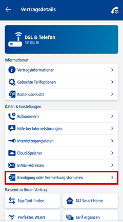 Vertragsdetails, "Kündigung oder Vormerkung stornieren" hervorgehoben