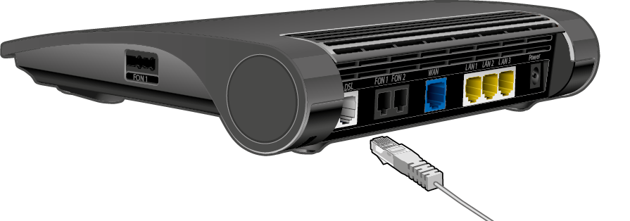 Der Stecker eines DSL-Kabels zeigt in Richtung des mit "DSL" beschrifteten Anschlusses auf der Rückseite eines 1&1 HomeServers.