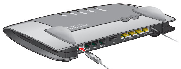 Das DSL-Kabel wird in die vorgesehene Öffnung welche mit "DSL/TEL" am Router gekennzeichnet ist, eingesteckt.