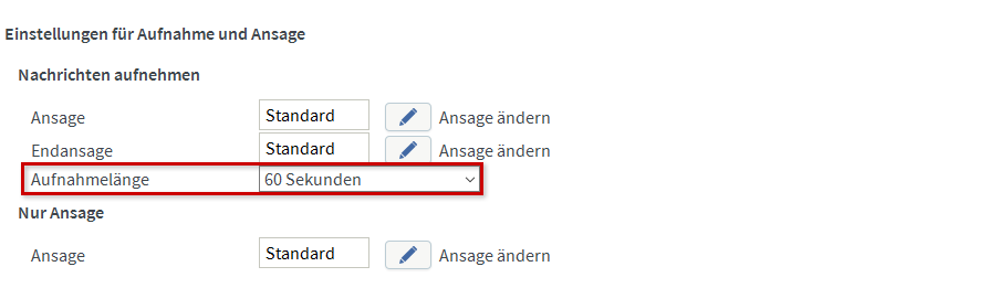 Aufnahme und Ansage, "Aufnahmelänge" ist mit rotem Rand hervorgehoben.