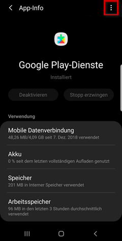 Smartphone (Android): Google-Play-Dienste, Menü markiert