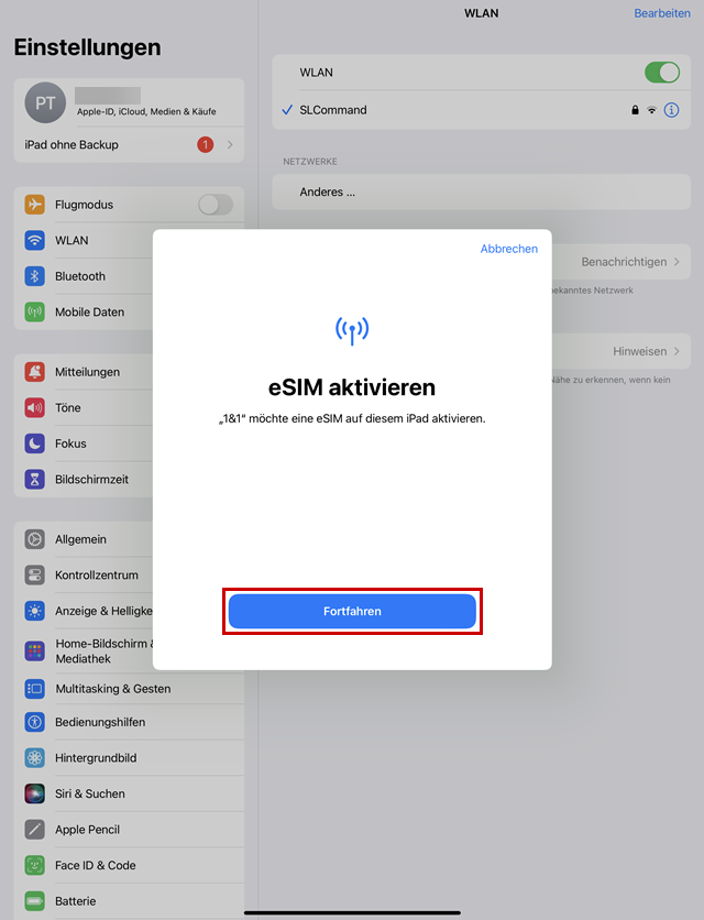 Button Fortfahren zum aktivieren der eSIM.